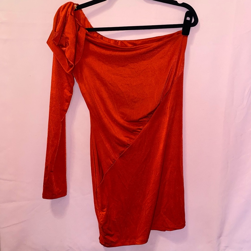One-Shoulder Orange Dress Long Sleeve Mini Bandage L Club Party Symphony Large